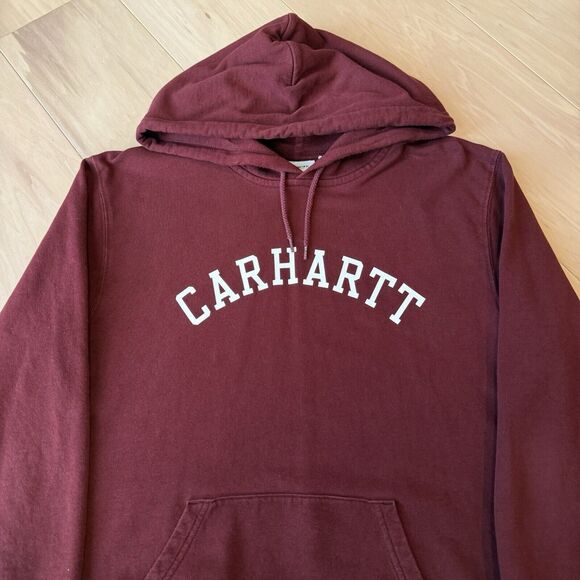Carhartt WIP Hoodie Medium Maroon Fleece Pullover Hooded University Sweat - Picture 3 of 9